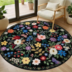 PLHXFR Round Area Rug Living Room: 4 ft Floral Washable Soft Carpet Black by PLHXFRSoftAreaRugs