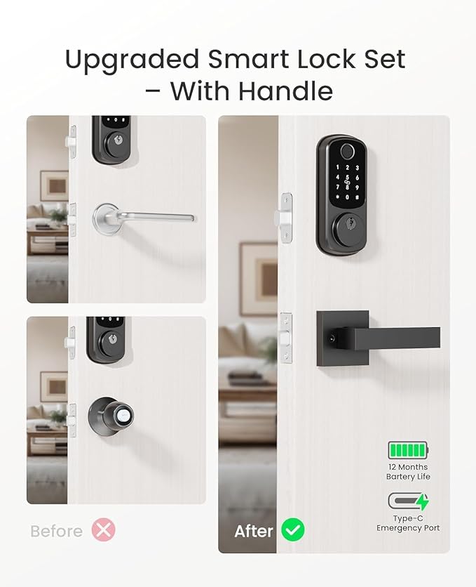 DESLOC B200 Fingerprint Smart Lock with 2 Lever Handles, Keyless Entry Front Door Lock Set, Electronic Keypad Deadbolt, App Control, Auto Lock, Long Battery Life, Secure Home Access