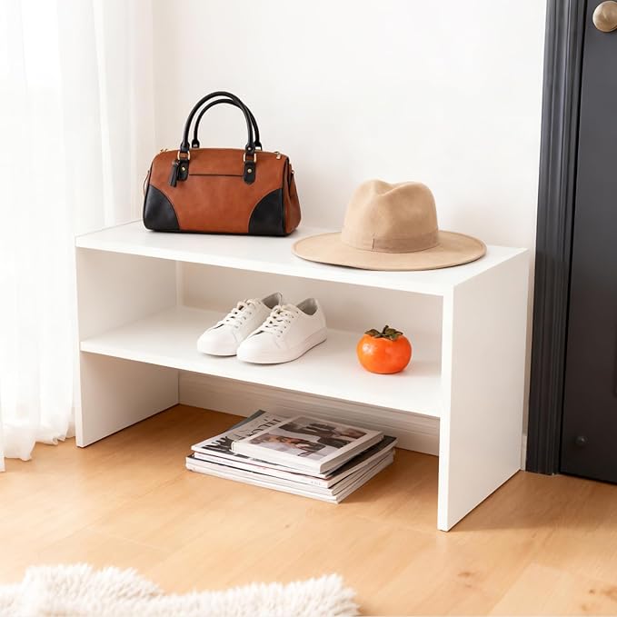 DUMOS 24 Inch Stackable White Shoe Rack, 2-Tier Wooden Storage Benches Organizer, Freestanding Entryway Bench for 6-9 Pairs Shoes, for Entryway, Office, Bathroom Use, White