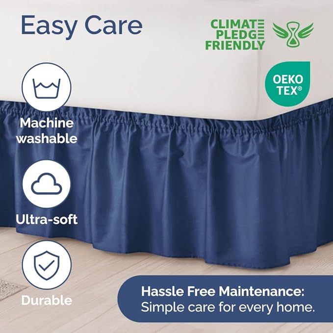 Wrap Around Dust Ruffle Bed Skirt - Navy Blue - for Queen Size Beds w/ 16 Inch Drop - Easy Fit Elastic Strap - Adjustable Pleated Bedskirt with Brushed Fabric, Wrinkle Free Women, Men, Kids and Teens