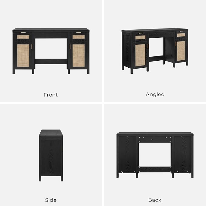 SICOTAS Rattan Vanity Home Office Desk - 52" Large Farmhouse Boho Makeup Vanity Dressing Table with 3 Drawers & 2 Storage Cabinets, Vanities Desk for Makeup Room, Bedroom, Home Office, Black Oak
