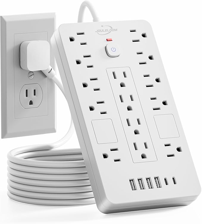 JouleLoom Surge Protector Power Strip-14 Outlets and 6 USB Ports, 10 Feet Flat Plug Extension Cord, 1850 Joules, White, ETL Listed for Home, Office, Dorm Room