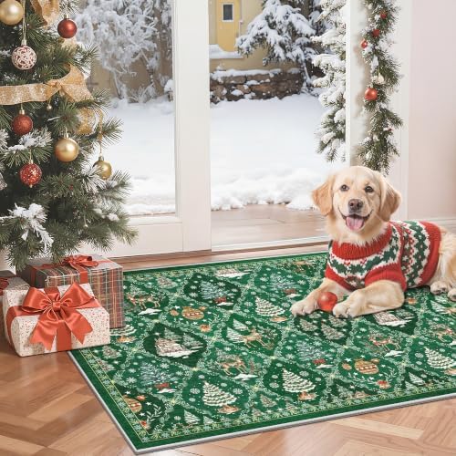 Madane Christmas Area Rug 2x3, Green Entryway Xmas Carpet Holiday Decor by Madane