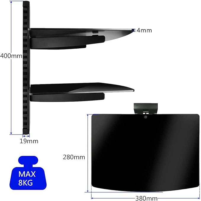 suptek Speaker Mount, Floating Glass Shelf Wall Mount Bracket for DVD Players/Cable Boxes/Games Consoles/TV Accessories, 2 Shelves, Black CS202