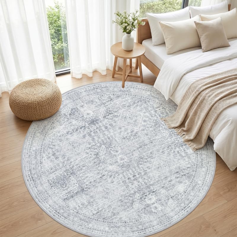 Round Area Rug Living Room: 8ft Neutral Washable Carpet Rug Gray - Image 4