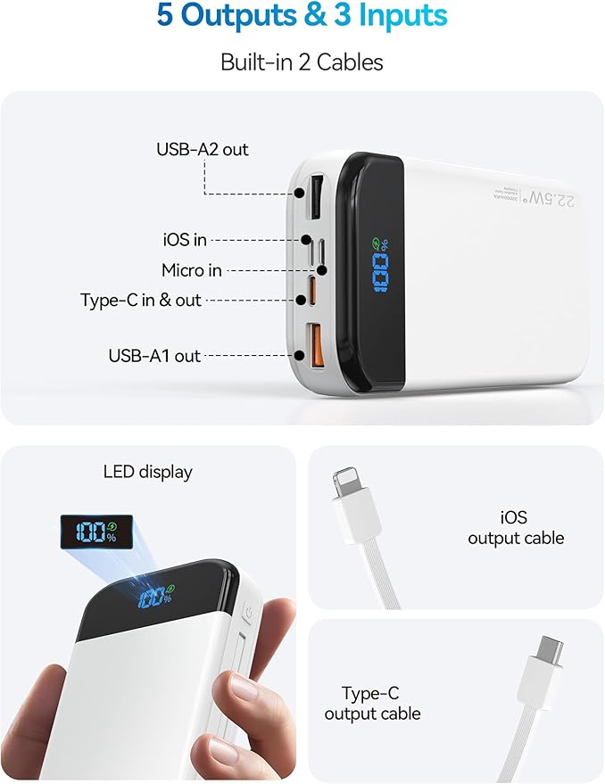 LENGSUM Portable Charger Power Bank 32000mAh with Built in Cables, PD3.0 USB C Fast Phone Charger, 5 Outputs LCD Display Travel Battery Pack Compatible with iPhone, Samsung All Cell Phones (White)