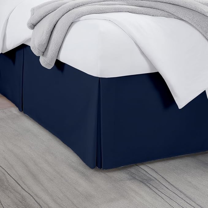 King Bed Skirt, Luxury 14 Inch Drop Navy Blue Pleated Bed Skirt, Double Brushed Microfiber, Box Pleat Design, Wrinkle & Fade Resistant, Easy Fit Tailored Bedskirt for King Size Beds