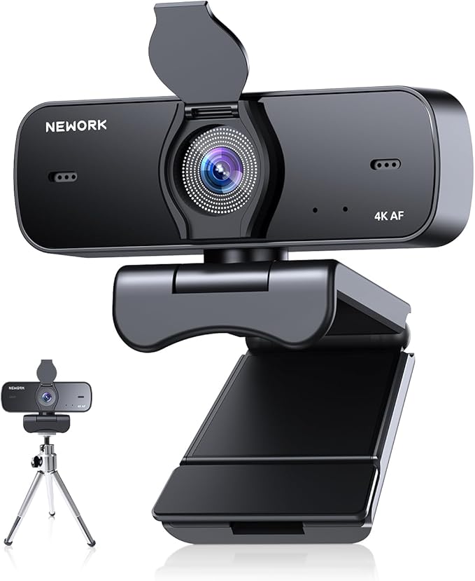 NEWORK 4K Webcam for PC with Sony Sensor, Auto Focus & Privacy Cover, Ultra HD 4K Streaming Camera with Tripod, 2 Noise-Cancelling Mics, USB Plug & Play, 77° FOV, Web Camera for Zoom, Skype, Teams