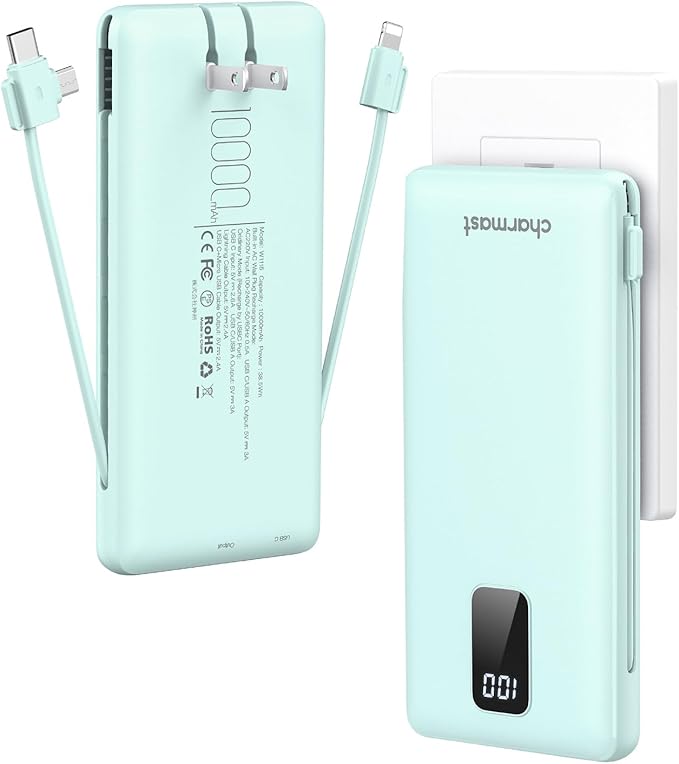 charmast Portable Charger with Built-in Cables and Plug, 10000mAh USB C Power Bank Fast Charging, External Battery Pack Slim, Travel Essentials Compatible with iPhones, Samsung Galaxy, iPad