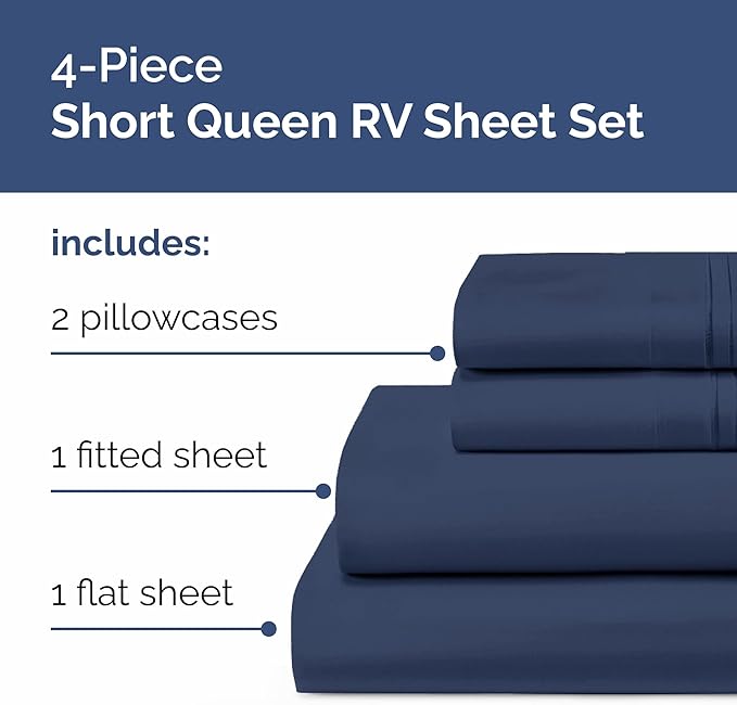 RV Short Queen Sheet Set 60 X 75 - 4 Piece RV Short Queen Bed Sheets - Soft, Breathable & Cooling - Designed for Bunks, Trailers & Camper - Fits 8” to 12" Mattress - Hotel Luxury Bedding - Navy Blue