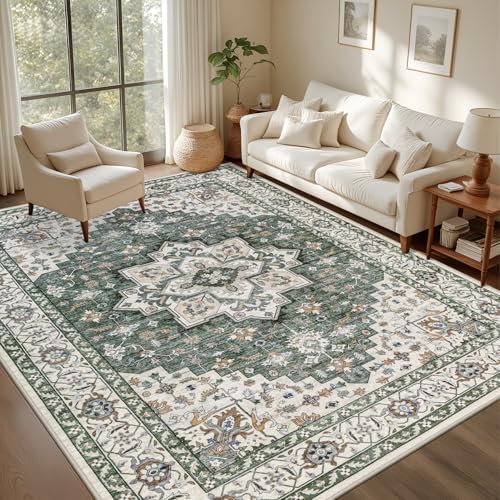 8x10 Area Rugs Living Room: Washable Rug for Bedroom Green Ivory - Image 3