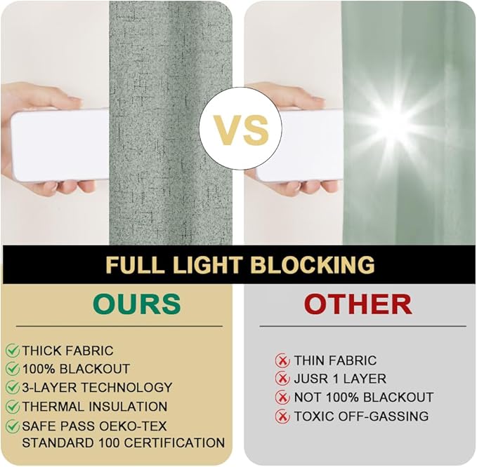 PrinceDeco 100% Linen Blackout Curtains 108 Inches Long Faux Linen Blackout Curtains for Bedroom Extra Wide Curtains for Sliding Glass Doors Patio Door Curtains,W100 X L108 Inch,Green Bay