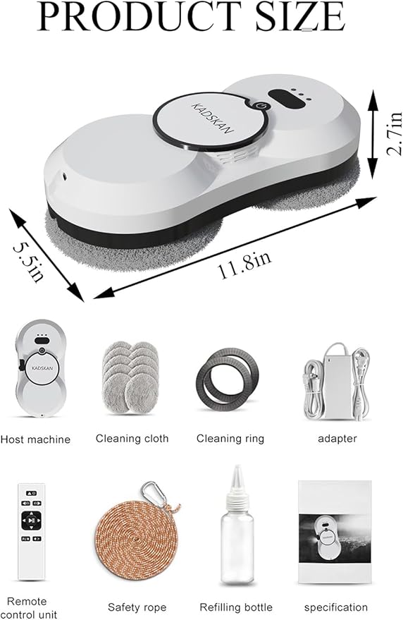 KADSKAN Window Cleaning Robot, Automatic Window Cleaner with Water Spray for Windows/Tiles/Class Door, Inside/Outside, 5600Pa Suction Power, 3.0 Path Planning, Remote Control