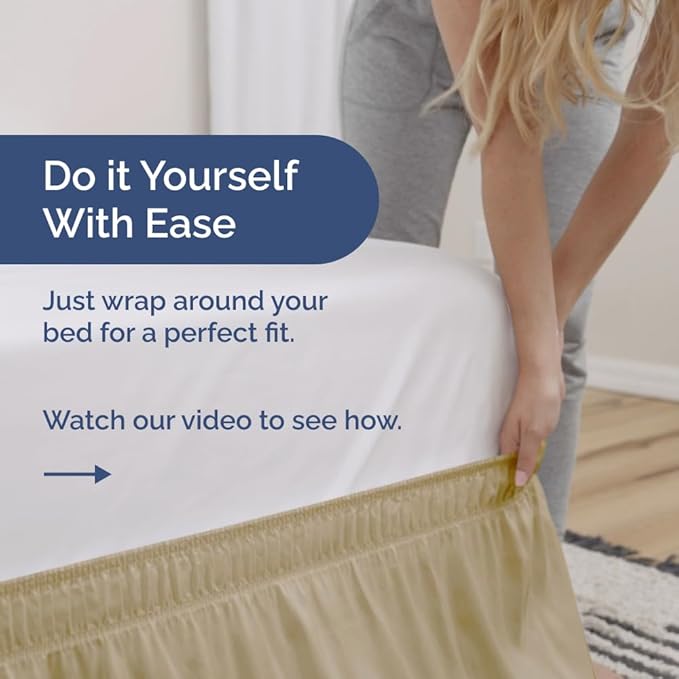 Wrap Around Dust Ruffle Bed Skirt - Beige - for Twin Size Beds w/ 14 Inch Drop - Easy Fit Elastic Strap - Adjustable Pleated Bedskirt w/Brushed Fabric, Wrinkle & Fade Free Women, Men, Kids & Teens