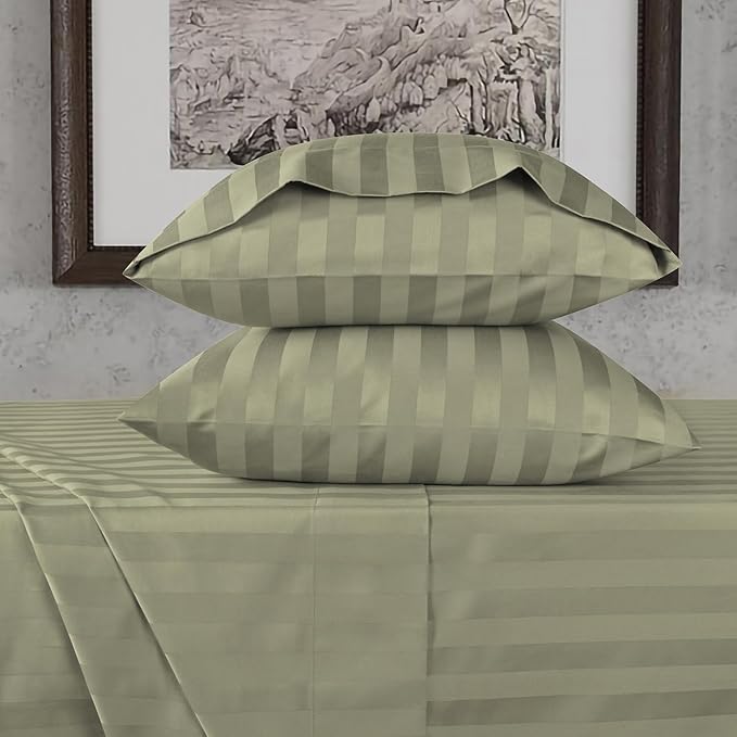 URBANHUT 800 Thread Count 100% Cotton Damask Twin Size Sheets, 4 Piece Striped Twin Size Bedsheets, Luxury Hotel Sheets Sateen Weave - Better Than Egyptian, 14" Elasticized Deep Pocket- Sage