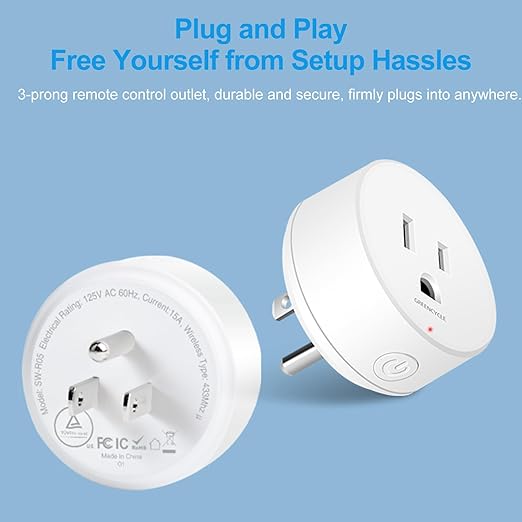 Remote Control Outlet,Greencycle Remote Light Switch and 2 Plugs,Wireless Light Switch,500ft Range,No Wiring Needed,15A/1500W for Household Appliances,FCC Certified,White