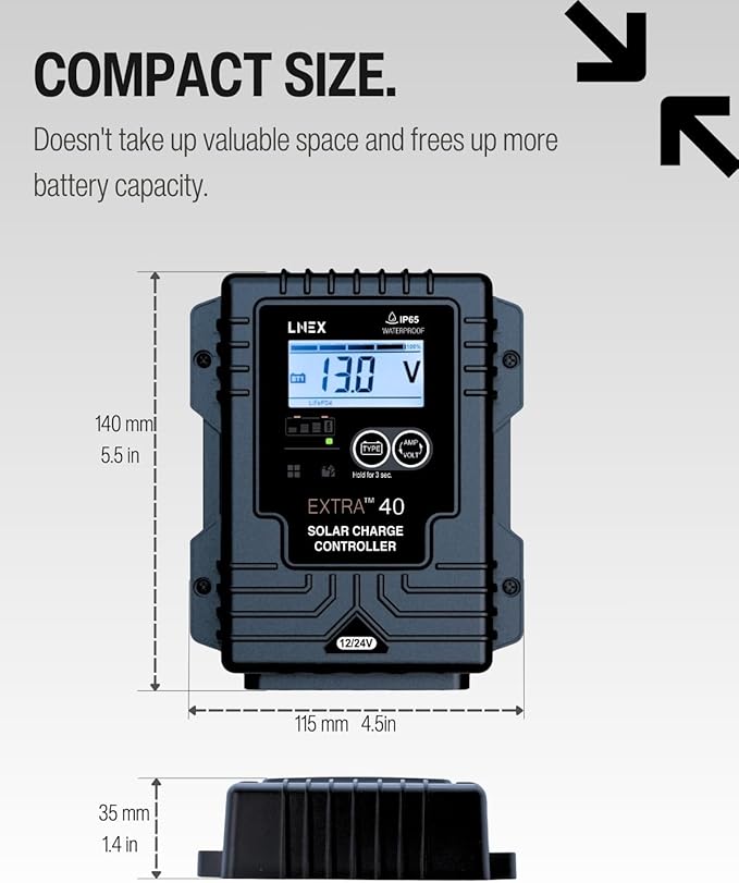 LNEX Solar Charge Controller Waterproof, 40A Solar Panel Regulator with Temp Sensor,Backlit LCD, 12V/24V PWM Solar Controller for LiFePO4,AGM, Gel, Flooded and Lithium Battery