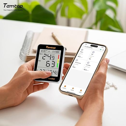 Temtop Smart Air Quality Monitor - Indoor Air Quality Meter with PM2.5, AQI, Temperature and Humidity Detector for Home, Office or School, App Connectivity, OTA Updates, 60-Day Battery Life