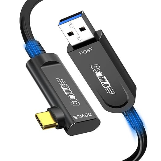 GeoHN.G USB A to USB C Fiber Optic Extension Cable 10M/33FT, Right Angle USB 3.2 10Gbps Long Distance Active Optical USB C Cable for VR/AR, Quest2, Webcam, Camera, Mini PC and More