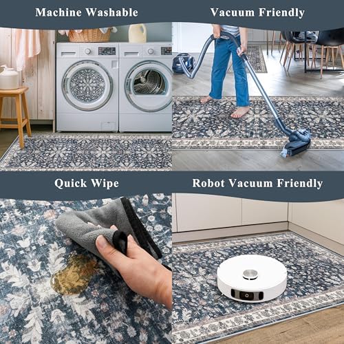 2x8ft Washable Non Slip Kitchen Rugs – Boho Floral Stain-Resistant Low-Pile Floor Carpet Runner for Hallway, Bathroom, Bedroom, Entryway (Blue, 2x8) - Image 7