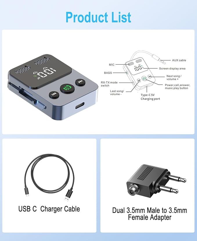 BabbleCom Bluetooth 5.3 Transmitter Receiver, 2-in-1 Adapter for Airplane, Bluetooth Transmitter for 3.5mm Aux Jacks Headphone, TV, Home Stereo, Speakers, Headphone, Car, Dual Connection
