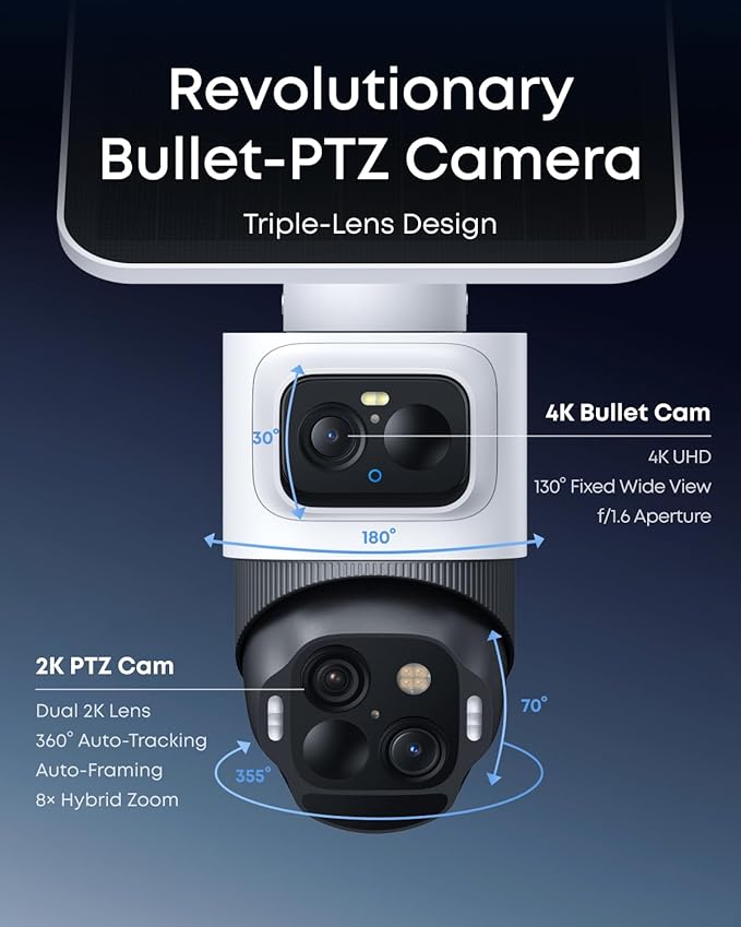 eufy Security eufyCam S4 2-Cam Kit,4K Solar Camera Wireless Outdoor, Triple Lens Bullet-PTZ Cam, 360° View, Cross-Cam Track, Al Recognition, 8X Zoom, Color Night Vision, 0 Monthly Fee, Local Storage
