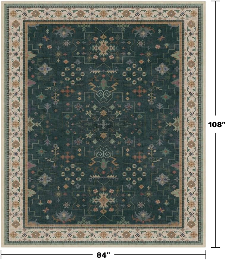 Hazo Haus Vintage Dark Green 7x9 Dining Room Rugs for Under Kitchen Table - Washable Livinig Room Rug - Unique Floral Pastel Low Pile Non-Slip Area Rugs for Bedroom - Image 2