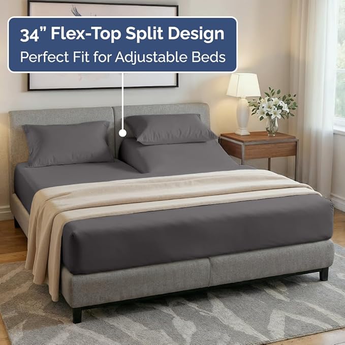 Split Head King Sheets Set - Top Split King Sheets for Adjustable Beds, Easy-Fit Split Head King Mattress - Flex Split Top King Sheets, Easy-Fit, Breathable, Deep Pocket Split King Sheets - Dark Grey