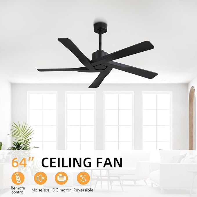WINGBO 64" ABS DC Ceiling Fan No Light, 5 Blade ABS Plastic Ceiling Fan with Remote, 6-Speed Reversible DC Motor, Ceiling Fans without Light for Kitchen Bedroom Living Room, Matte Black