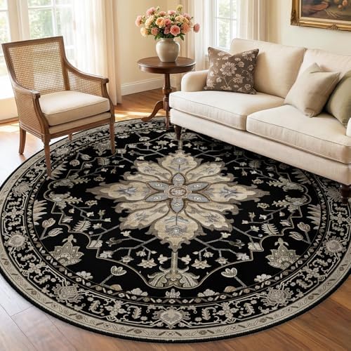 RELEANY Washable Area Rug, Round 6ft, Black/Neutral - Image 2