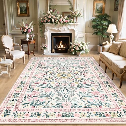 PLHXFR 8x10 Area Rug Living Room: Floral Washable Boho Carpet Pink Green by PLHXFRSoftAreaRugs