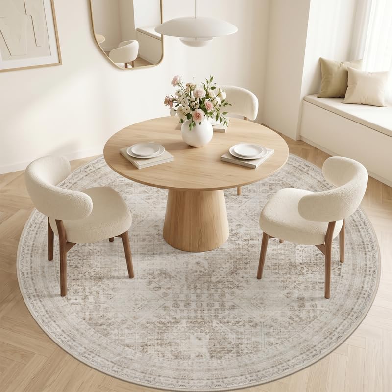 Round Area Rug Living Room: 6ft Neutral Washable Carpet Rug Brown - Image 2