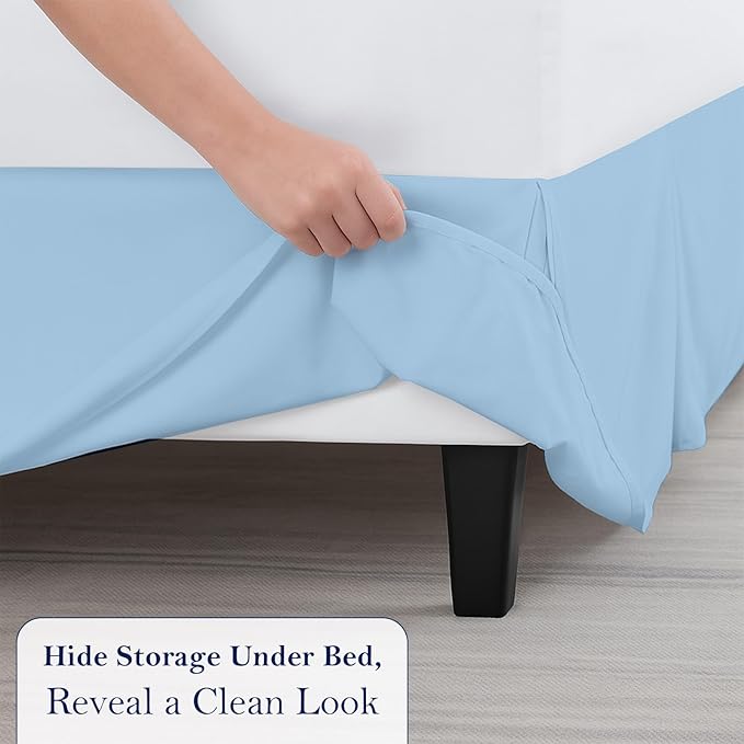 Twin Bed Skirt, Luxury 15 Inch Drop Light Blue Pleated Bed Skirt, Double Brushed Microfiber, Box Pleat Design, Wrinkle & Fade Resistant, Easy Fit Tailored Bedskirt for Twin Size Beds