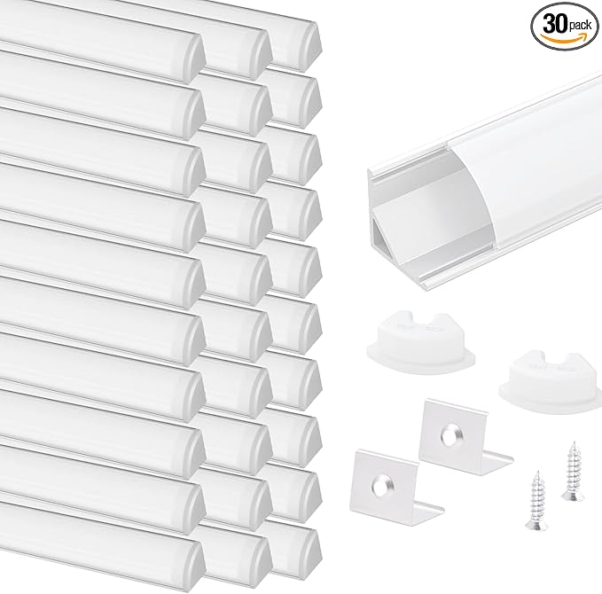 VST 30pack 3.3ft LED Channel, V Shape Led Diffuser Channel, LED Aluminum Channel System with Milky Cover, End Caps and Mounting Clips, Aluminum Profile for LED Strip Light Very Easy Installation