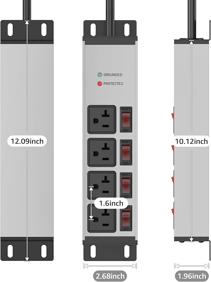 CCCEI Heavy Duty Surge Protector Power Strip 20 Amp Individual Switches. 25FT 12 Gauge Extension Cord with Multiple Outlets. Kitchen, Garage, Shop, Industrial Wall Mount Electric Extender, Grey.