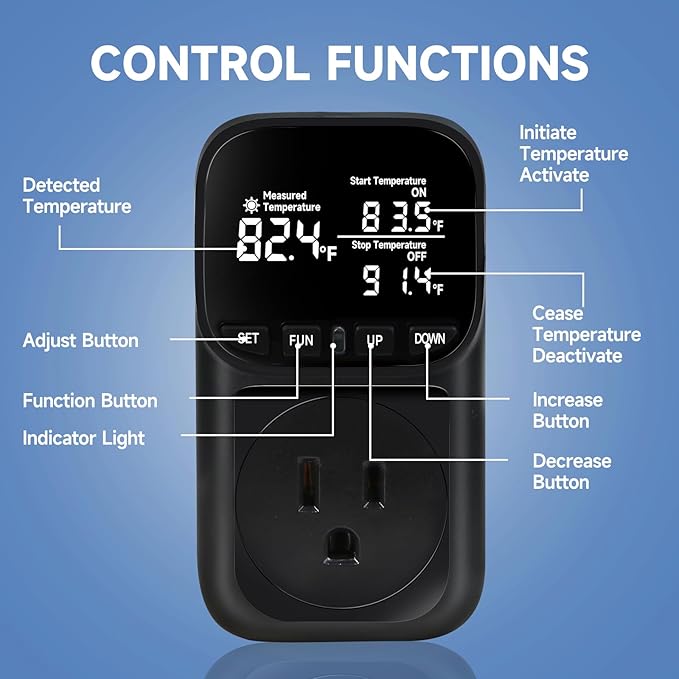 COMYAN Temperature Controlled Outlet , 15A/1800W Digital Thermostat Outlet, Cyclic Timing/Countdown, -40℉~210℉ VA Display Heating Cooling Control Timer with 2Pcs Probe Cable for Reptile Incubator