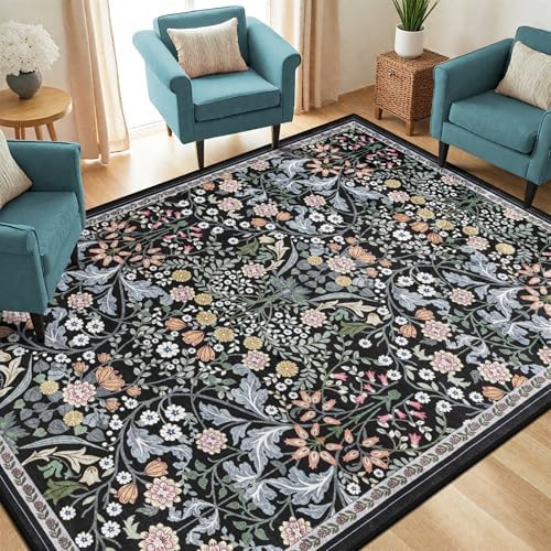 PLHXFR Area Rug Living Room: 5x7 Floral Washable Boho Carpet Dark Black - Image 2