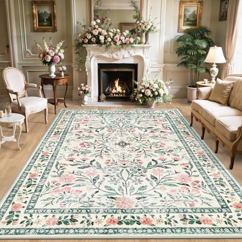 PLHXFR 8x10 Area Rug Living Room: Floral Washable Boho Carpet Green Beige by PLHXFRSoftAreaRugs