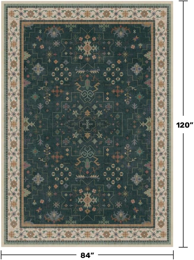 Hazo Haus Dark Green Vintage 7x10 Washable Rugs for Living Room - Dark Academia Victorian Floral Geometric Bedroom Rug, Ultra Soft Thin Low Pile Non-Slip Large Rugs for Lounge - Image 2