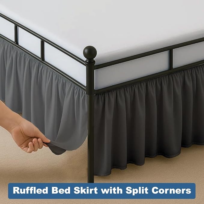 Ruffled Bed Skirt Split Corners with Platform, Tailored Fit Hotel Quality Wrinkle Free Ultra-Soft Microfiber Dust Ruffle, Upto 28 Inch Drop, Queen, Dark Grey