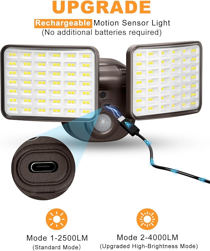 Rechargeable Battery Motion Light, 2500LM & 4000LM Dual Modes Motion Sensor Security Lights, USB Charging Wireless Flood Light Battery Powered, LED Outdoor Lights for Garage,Yard,Porch,Shed, Brown