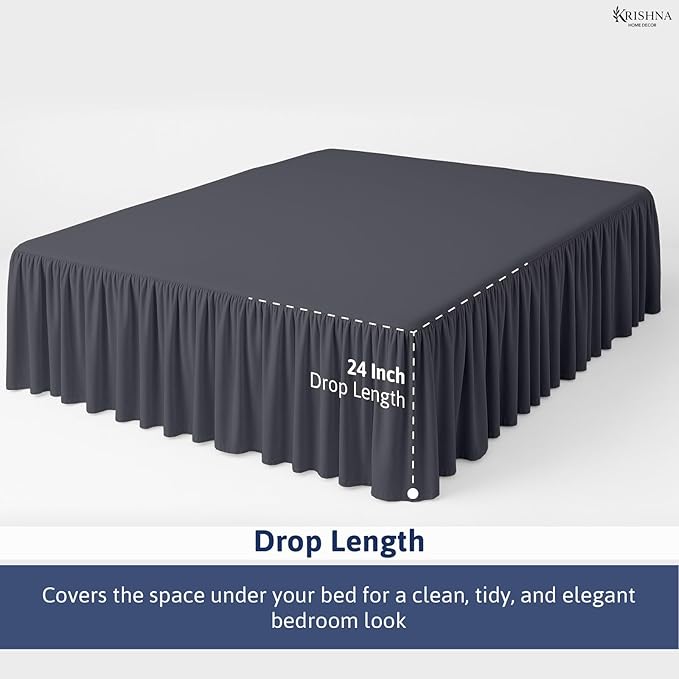 KRISHNA Ruffled Bed Skirt with Split Corners King, 100% Microfiber Hotel Quality, 24 Inch Drop Dust Ruffle Gathered Bedskirt with Platform, 78" x 80", Dark Grey