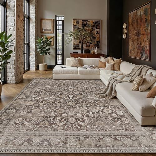 HUGEAR 9x12 Coffee Brown Vintage Floral Washable Area Rug for Living Room - Image 2