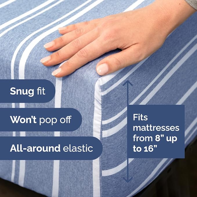 Full XL Bed Sheet Set - 4 Piece Extra Long Extended Full XL Sheets - Soft, Breathable & Cooling - Fits 8" to 16" Mattress with Deep Pockets - 54" x 80" - Wrinkle and Fade Resistant - Blue Stripes 3