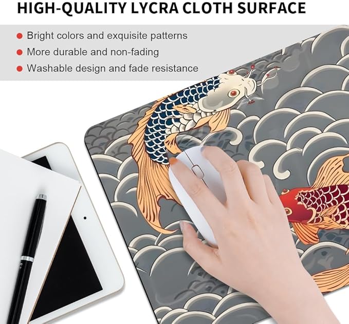 Koi Fish Japanese Tattoo Square Mouse pad, Texture, Waterproof, Anti Slip Rubber Base, Computer Mouse pad, Laptop Mouse pad