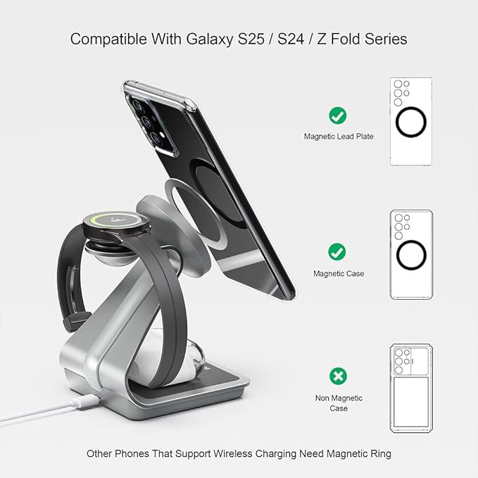 Bonola Wireless Charger for Samsung: Magnetic 3 in 1 Wireless Charging Station for Samsung S25 S24 Ultra S23 S22 S21, Aluminum Alloy Charger Dock Stand for Galaxy Watch Ultra/7/6/5/4, Buds 2/2 Pro