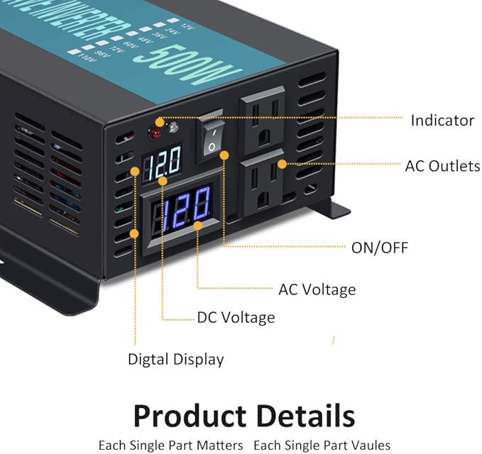 WZRELB Full Power Pure Sine Wave 12V to 120V Dc to AC Power Inverter (RBP500S)