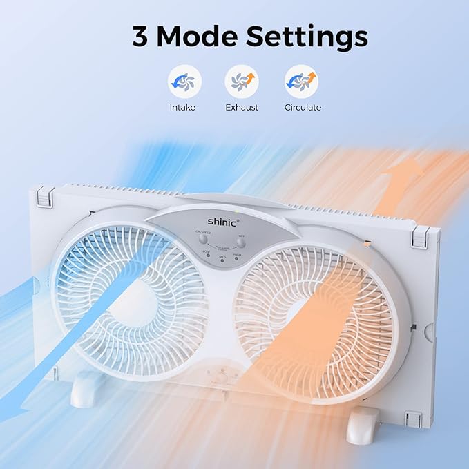 shinic 9" Twin Window Fan with Reversible Airflow, Removable Cover and Bug Screen, Remote Control, 3 Functions-3 Speeds, Width Adjustable (23.5" to 37"), Bathroom Kitchen Window Fan ETL Certified