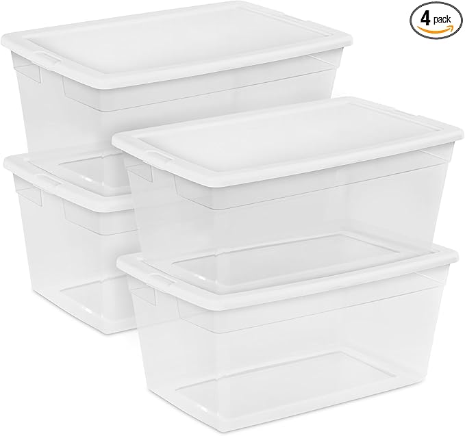 Sterilite 4-Pack 90 Quart Storage Box, Stackable Clear Plastic Bins with Snap-On Lids - Heavy-Duty Organizing Containers for Closet, Bathroom, and Office