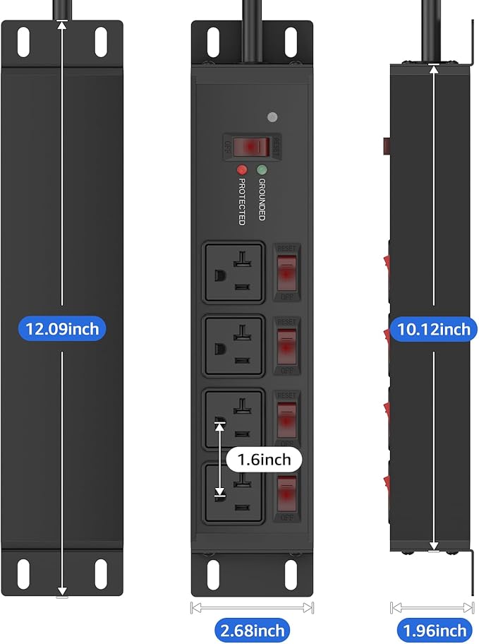 CCCEI Heavy Duty Surge Protector Power Strip 20 Amp Individual Switches. 10FT 12 Gauge Extension Cord with Multiple Outlets. Kitchen, Garage, Shop, Industrial Wall Mount Electric Extender, Black.